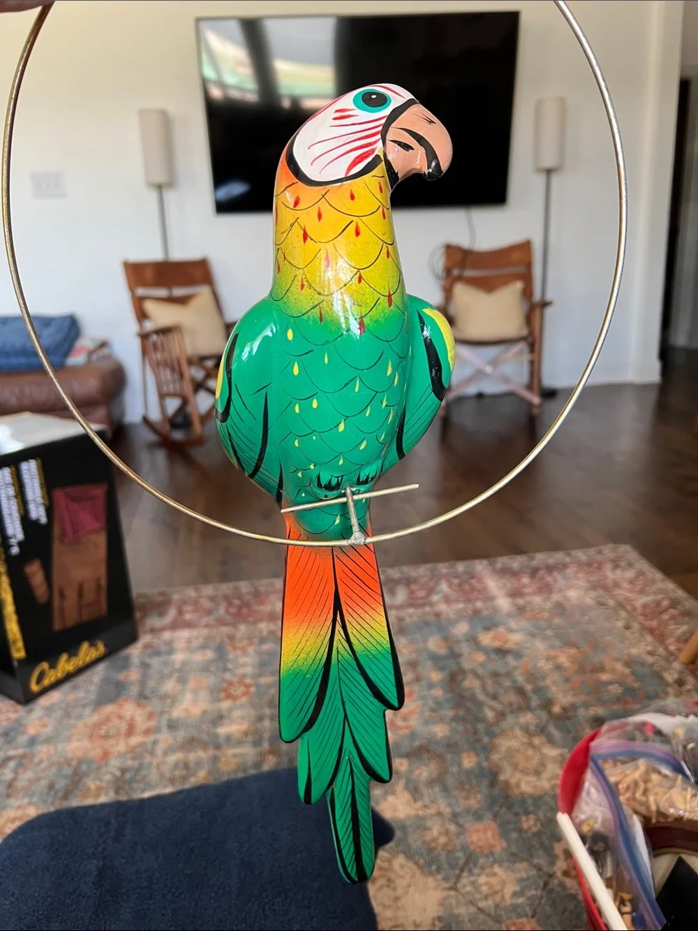 Colorful Parrot Hanging Bird Decor in Green and Orange - Ceramic Pottery